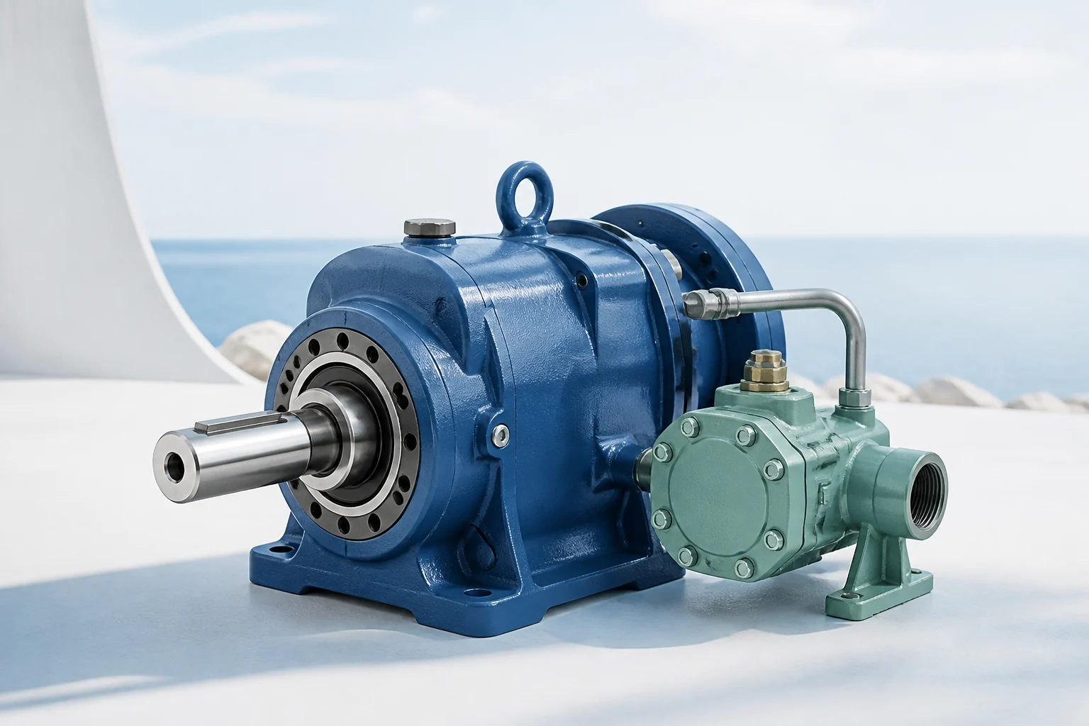 Blue agricultural machinery drive and pump components