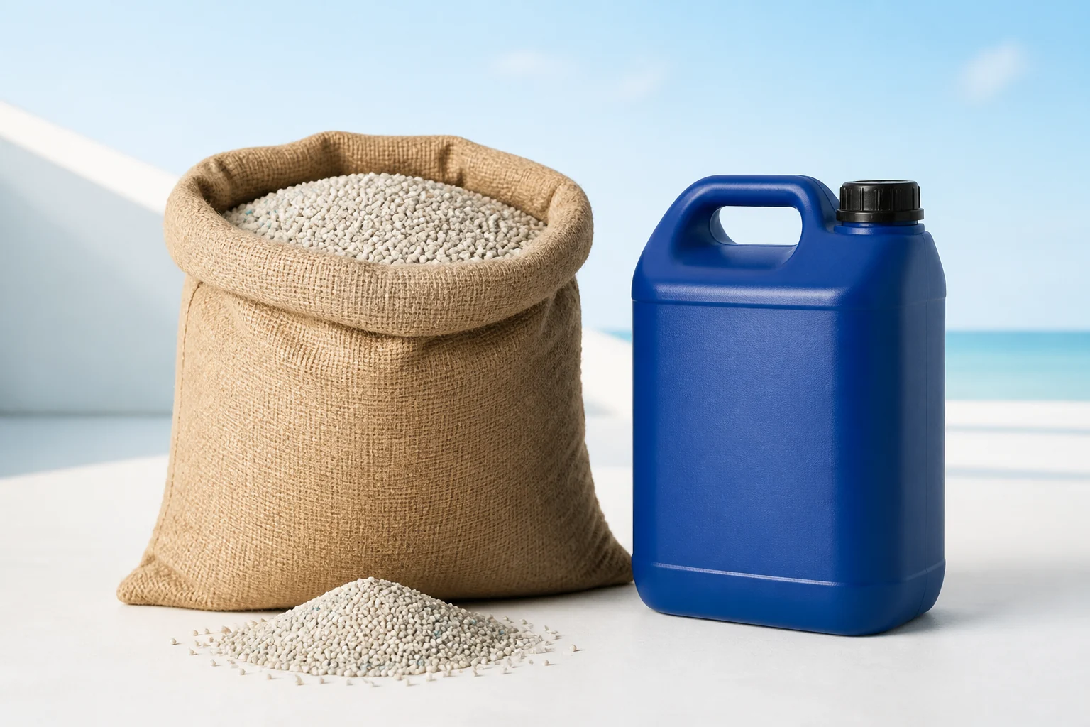 Fertilizer granules in a kraft sack beside a blue lubricant canister